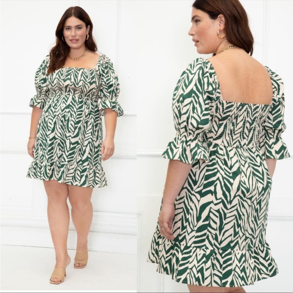 Eloquii Elements Green/cream Puff Sleeves Smocked Dress